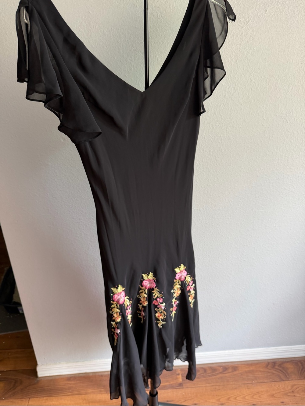 S.L. Fashions Black Midi Dress with Pink & Gold Floral Embroidery